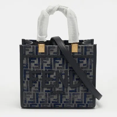 Pre-owned Fendi Sunshine Small Navy Blue Ff Woven Fabric And Leather Tote