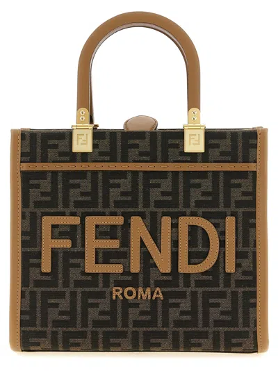 Fendi Women Embroidered Fabric Small Sunshine Shopping Bag In Brown