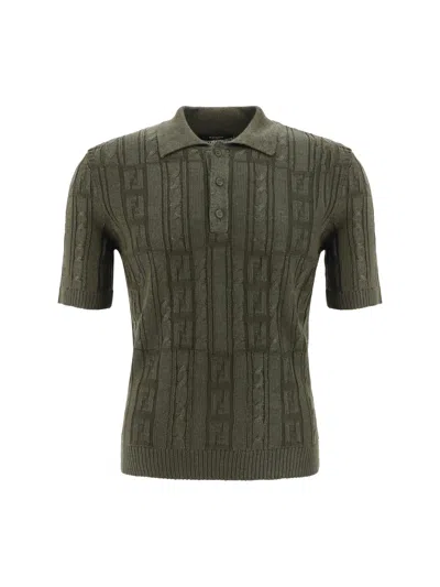 Fendi Ff Wool Blend Lurex Polo In Loden