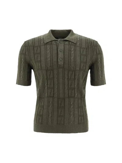 Fendi Ff Wool Blend Lurex Polo In Loden