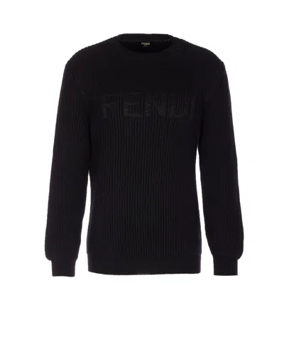 Fendi Wool Crew Neck Sweater Long Sleeves Ribbed In Black