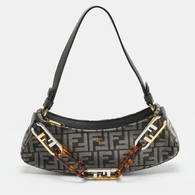 Pre-owned Fendi Swing O'lock Grey/black Zucca Velvet And Leather Hobo In Gray