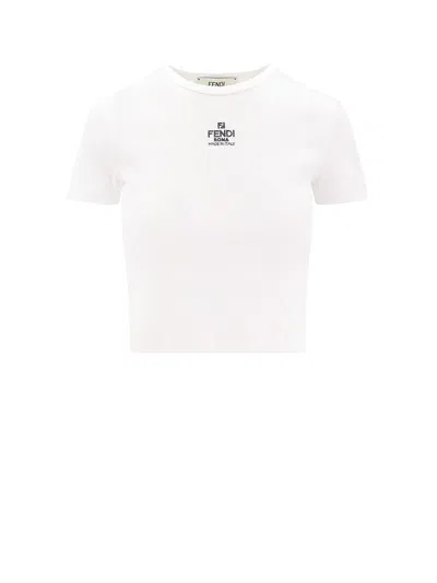 Fendi Women White Ribbed Crop T-shirt With Logo Embroidery In Cotton Woman