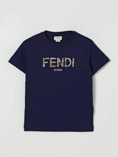 Fendi Kids' T-shirt In Cotone Con Logo Stampato  In Blue