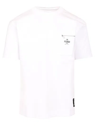 Fendi Men White Crewneck T-shirt With Log Print On The Front In Cotton Man