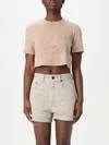 Fendi Beige Washed-out Cropped T-shirt With Logo In Beige