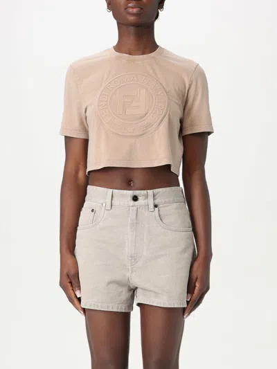 Fendi Beige Washed-out Cropped T-shirt With Logo In Neutral