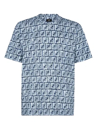 Fendi T-shirt J.fringed Print Ff In Light Blue