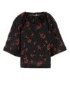 Fendi Floral Print Linen Top With Wide Sleeves In Black