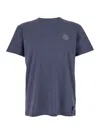 Fendi Men Blue Crewneck T-shirt With Logo Print On The Front And Logo Patch On The Rear In Cotton Ma In Blue