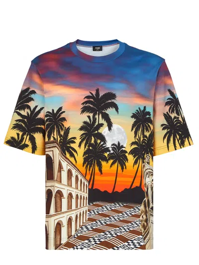 Fendi T-shirt Regular In Popeline Stampato Multicolor
