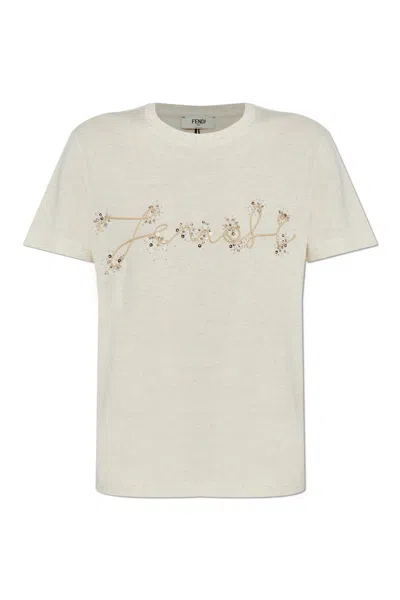 Fendi Beige Cotton And Linen T-shirt With Logo In Neutral