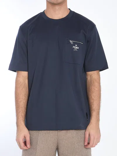 Fendi Crew-neck T-shirt With Zip Pocket In Blue