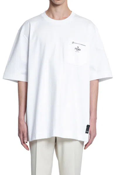 Fendi Men White Crewneck T-shirt With Log Print On The Front In Cotton Man