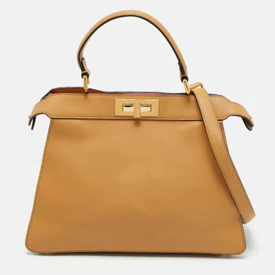 Pre-owned Fendi Tan Leather Medium Peekaboo Iseeu Top Handle Bag In Brown