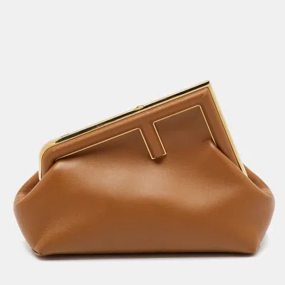 Pre-owned Fendi Tan Leather Small First Clutch In Brown