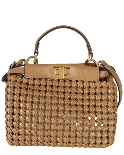 Pre-owned Fendi Tan Woven Calfskin Mini Peekaboo Iconic Satchel (authentic Pre-loved)