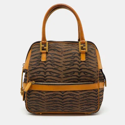 Pre-owned Fendi Tan/dark Brown Canvas And Leather Vintage Zip Satchel