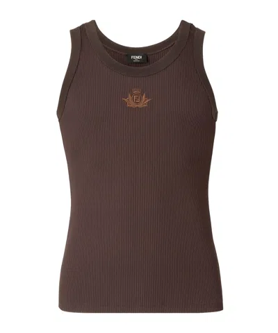 FENDI FENDI LOGO EMBROIDERED RIBBED TANK TOP