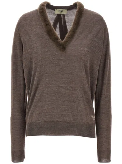 FENDI TAUPE CLASSIC V-NECK JUMPER