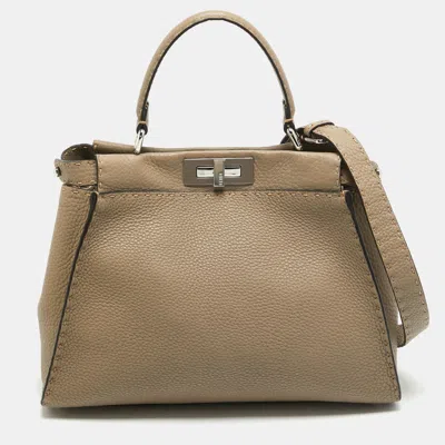 Pre-owned Fendi Taupe Selleria Leather Medium Iconic Peekaboo Top Handle Bag In Grey