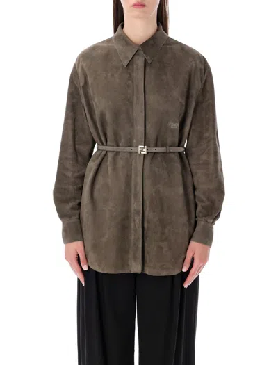 Fendi Longline Collared Shirt Belted Waist In Green