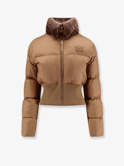 Fendi Technical Fabric And Shearling Down Jacket In Brown
