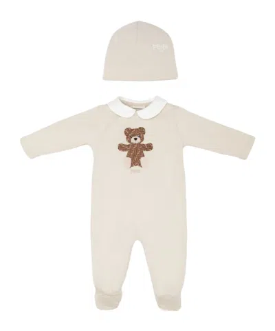 Fendi Teddy Bear-embroidered Babygrow Set In White