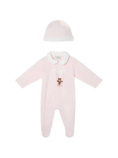 Fendi Babies' Teddy Bear Motif Bib And Hat Set In Pink