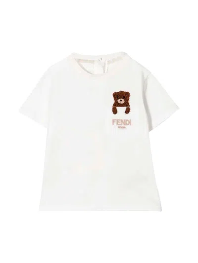Fendi Kids' Teddy Bear T-shirt With Embroidery In Bianco