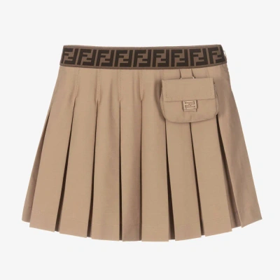 Fendi Teen Girls Beige Cotton Pleated Skirt