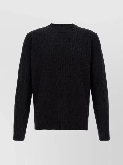 Fendi Textured Crew Neck Sweater With Ribbed Cuffs In Black
