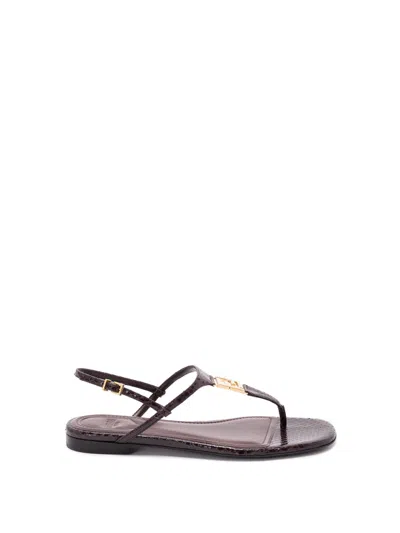 Fendi Textured Leather Thong Sandals With Gold Accents In Purple