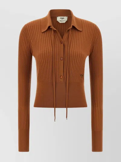 FENDI TEXTURED LONG SLEEVE COLLARED KNIT TOP