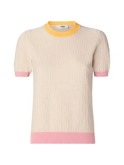 Fendi Cotton And Silk Sweater With Ff Motif And Ribbed Edges In Neutral