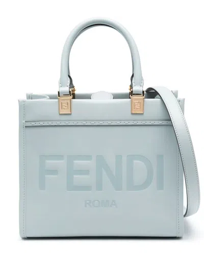 Fendi Light Blue Leather Small Shopper Crossbody Handbag For Women