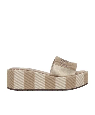 FENDI FENDI SUNSHINE DENIM-EFFECT JACQUARD PLATFORM SLIDES