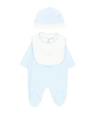Fendi Three-piece Set Including Long-sleeved Bodysuit, Hat And Bib In Blue