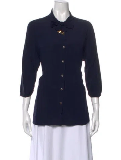 Pre-owned Fendi Tie Neck Three-quarter Sleeve Button-up Top In Blue
