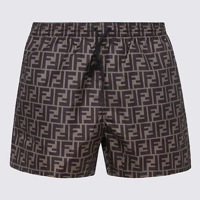 Fendi Tech Fabric With All-over Ff Pattern Swim Shorts In Brown