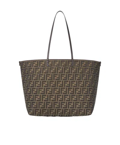 Fendi Tobacco Brown Ff Jacquard And Striped Pequin Fabric Shopper In Black