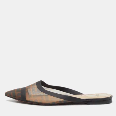 Pre-owned Fendi Tobacco Ff Logo Print Mesh Colibri Flat Mules Size 38 In Brown