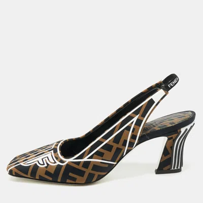 Pre-owned Fendi Tobacco Zucca Canvas And Leather Ffreedom Slingback Pumps Size 37 In Brown