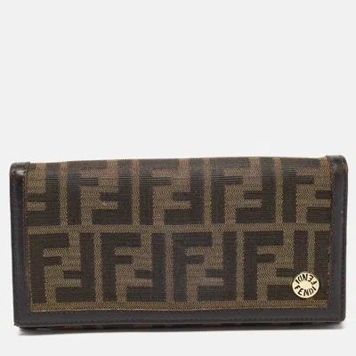 Pre-owned Fendi Tobacco Zucca Canvas And Leather Flap Continental Wallet In Brown