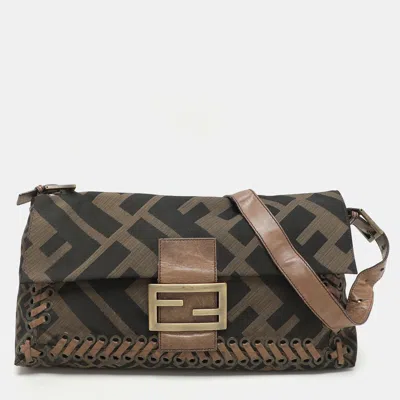 Pre-owned Fendi Tobacco Zucca Canvas And Leather Large Whipstitch Baguette Bag