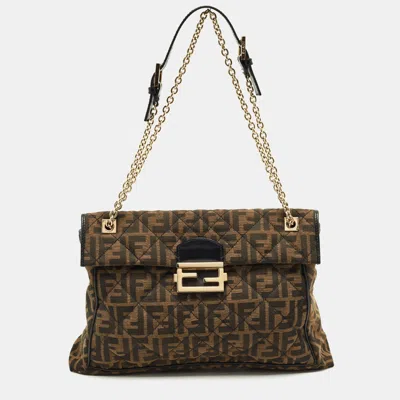 Pre-owned Fendi Tobacco Zucca Canvas And Leather Maxi Baguette Flap Bag In Brown