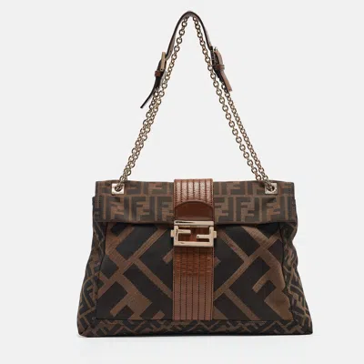 Pre-owned Fendi Tobacco Zucca Canvas And Leather Maxi Baguette Flap Shoulder Bag In Brown