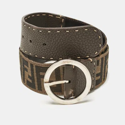 Pre-owned Fendi Tobacco Zucca Canvas And Leather Round Buckle Belt 80cm In Brown