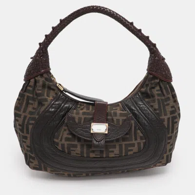 Pre-owned Fendi Tobacco Zucca Canvas And Leather Spy Moro Hobo In Brown