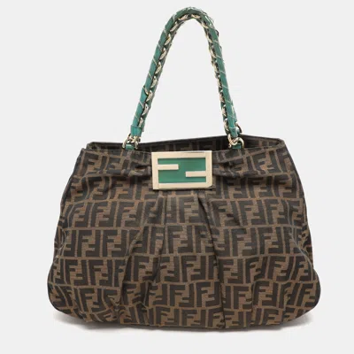 Pre-owned Fendi Tobacco Zucca Canvas And Patent Leather Large Mia Shoulder Bag In Brown